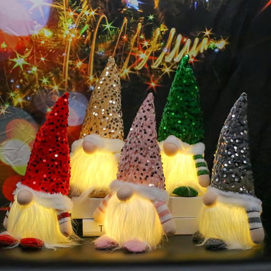 Light-Up Christmas Gnome Decoration Handmade Sequin Hat Faceless Dwarf Doll with Light Glowing Plush