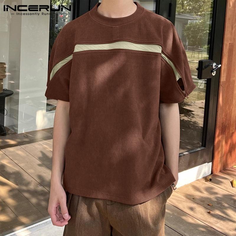 INCERUN Men Short Sleeve Hollow Patchwork Zip-up Casual Loose T-shirts