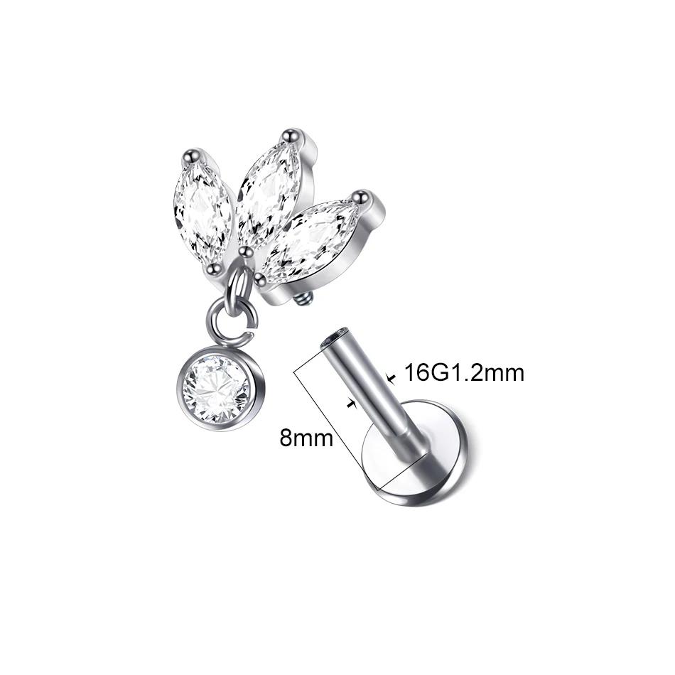 1 шт. Серьга-гвоздик из титана имплантатного качества с цирконием, с внутренней резьбой, Звезда, Лабрет, Пирсинг губы, Монро, Хеликс, Козелок, Пирсинг, Украшение