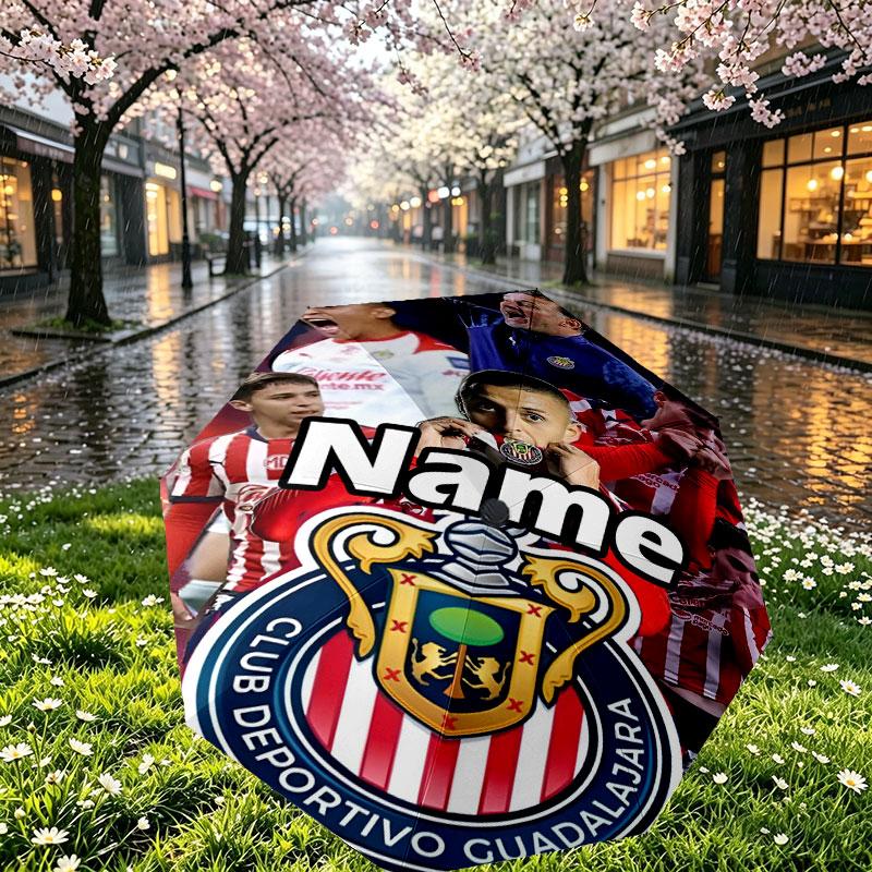 Custom Name Personalized Club Deportivo Guadalajara Print Umbrella, Auto Open Close, 8‑Rib Sturdy Frame, Commute Camping Hiking Use, Birthday Gift