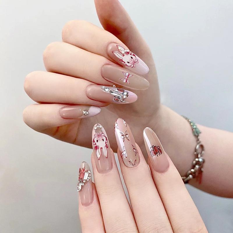 24Pcs False Nails Cute Rabbit Fake Nails Love French Nail Tips Fashion Nail Art Tools with Glue