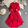 Элегантное винтажное платье с круглым вырезом и рюшами для женщин, летние платья со шнуровкой и тонкой талией, шикарные платья средней длины с расклешенными рукавами