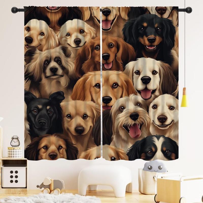 Funny Dog Blackout Curtain, Cute Animals Cartoon Dog Kawaii Pets Pattern Drapery Rod Pocket Drapes Treatments Window Curtains