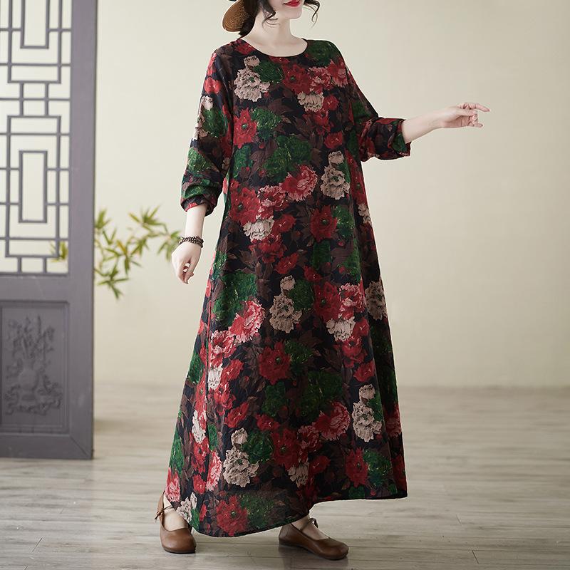 Весеннее литературное платье больших размеров с принтом, круглым вырезом и длинными рукавами для женщин