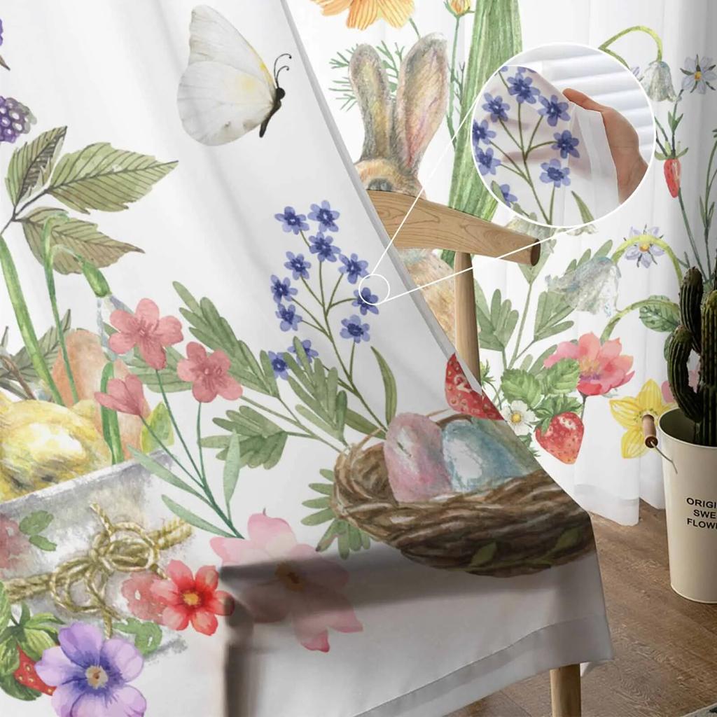 Тюль-вуаль с изображением кролика, бабочки, клубники, пасхальных штор для спальни, гостиной, оконная занавеска, прозрачные шторы из органзы