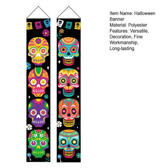 1 Pair Halloween Banner Spooky Skull Pattern Halloween Door Couplets Festival Flag for Home Party Decoration