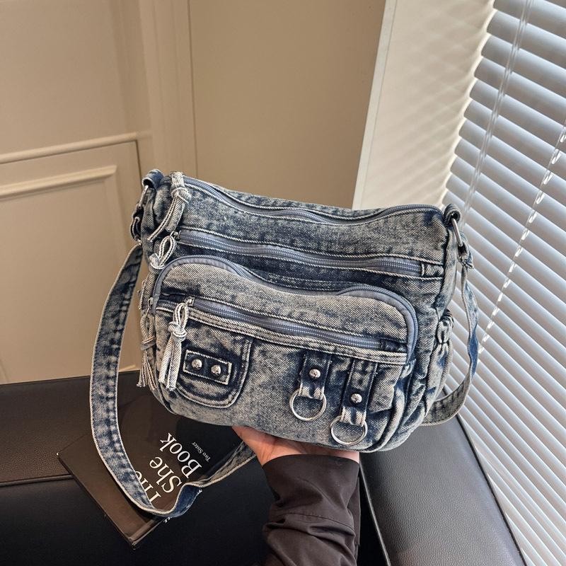 Vintage washed denim bag multi-pocket commuter practical shoulder messenger bag tote bag 2025 new bag