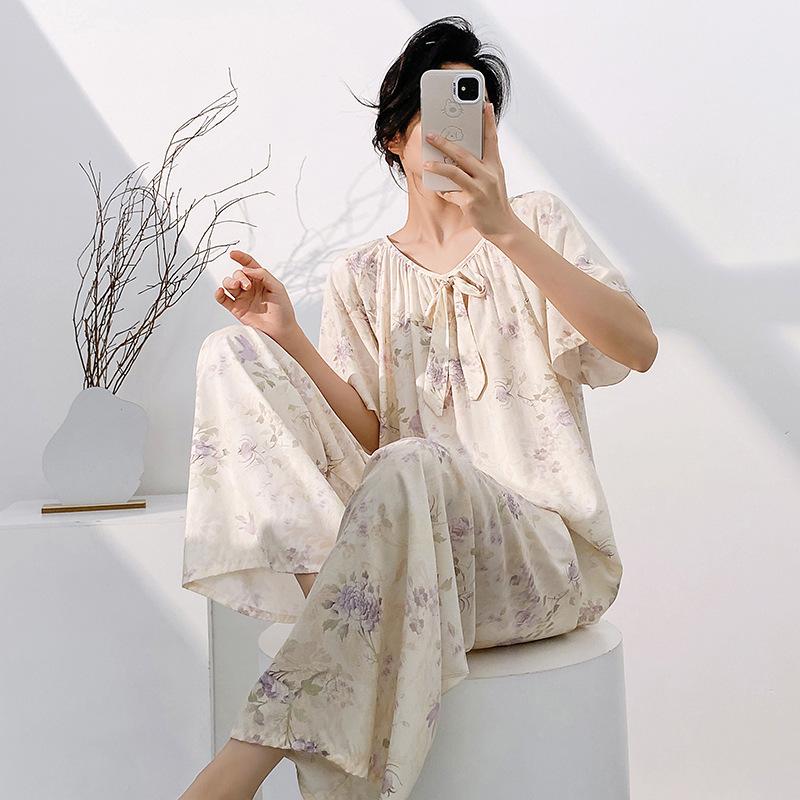 1011 new pajamas women's summer cotton and silk thin short-sleeved trousers set can be worn outside spring and autumn large-size loungewear