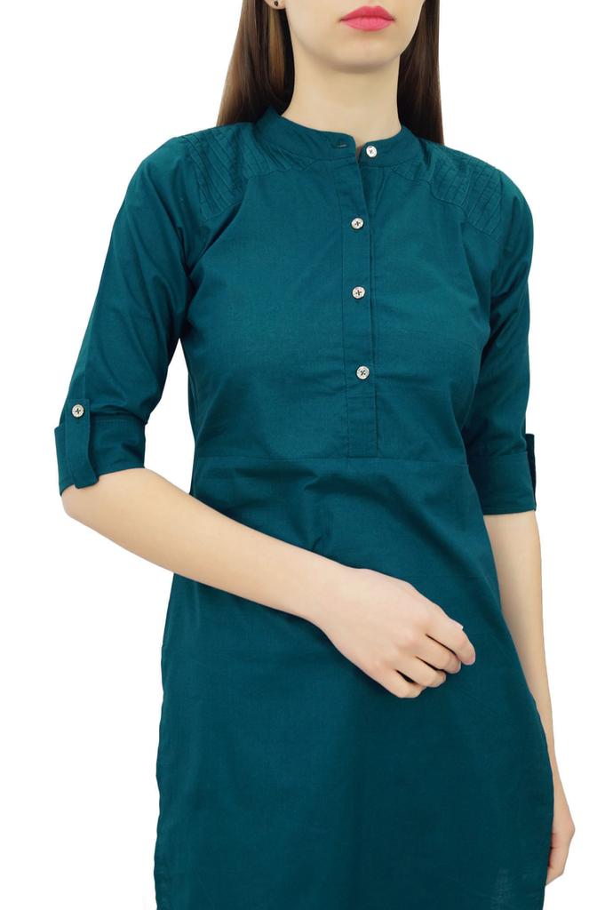 Phagun Cotton Plain Kurti Tunic Mandarin Collar Ethnic Casual Kurta Blouse
