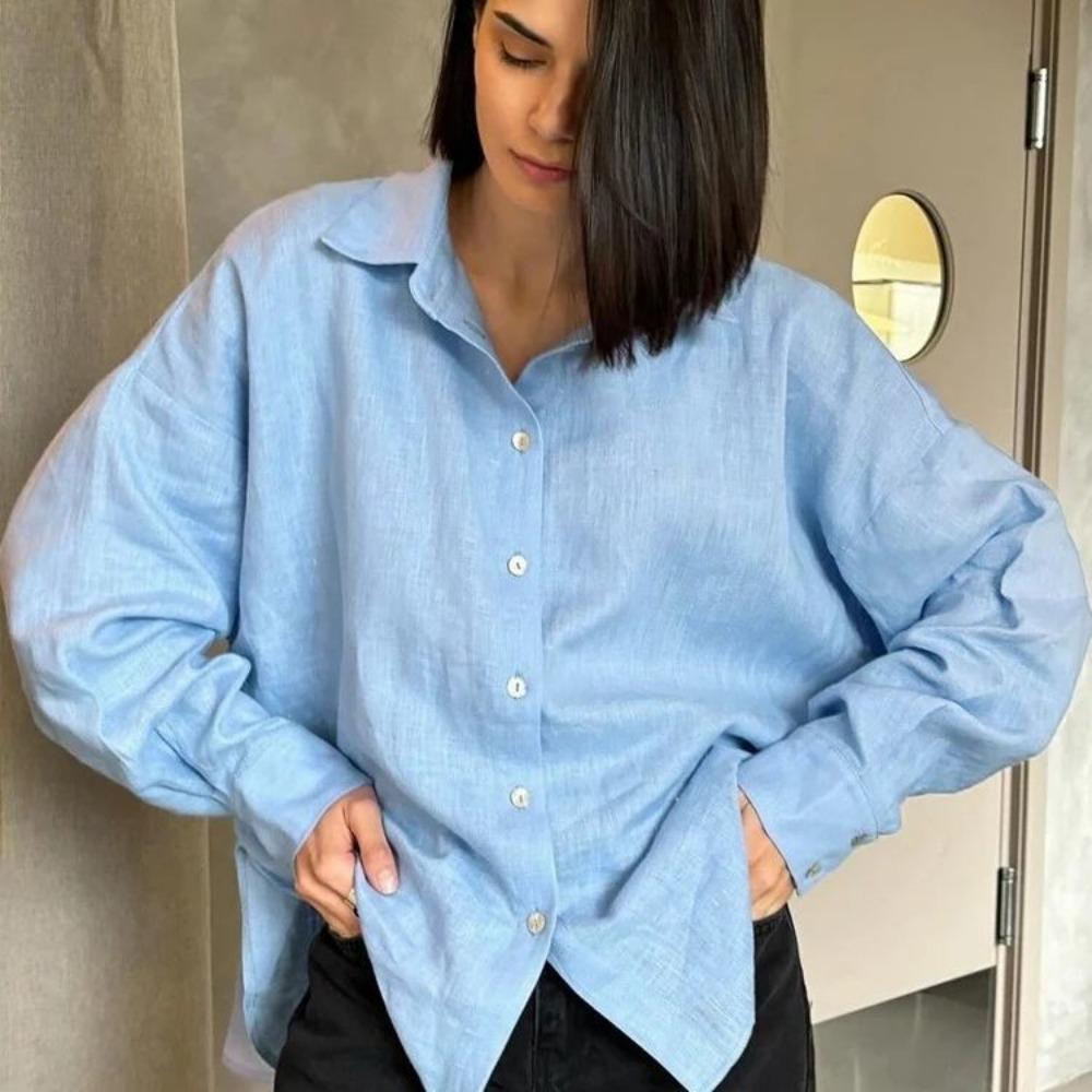 New Summer Cotton Linen Long Sleeve Flounce Blouse For Women