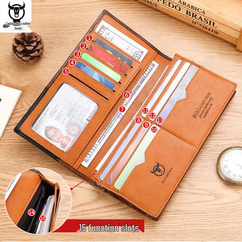 Cow Captain Мужской ретро длинный кошелек-бифолд из натуральной кожи - Масло-воск, Большая вместимость, Отделение для монет