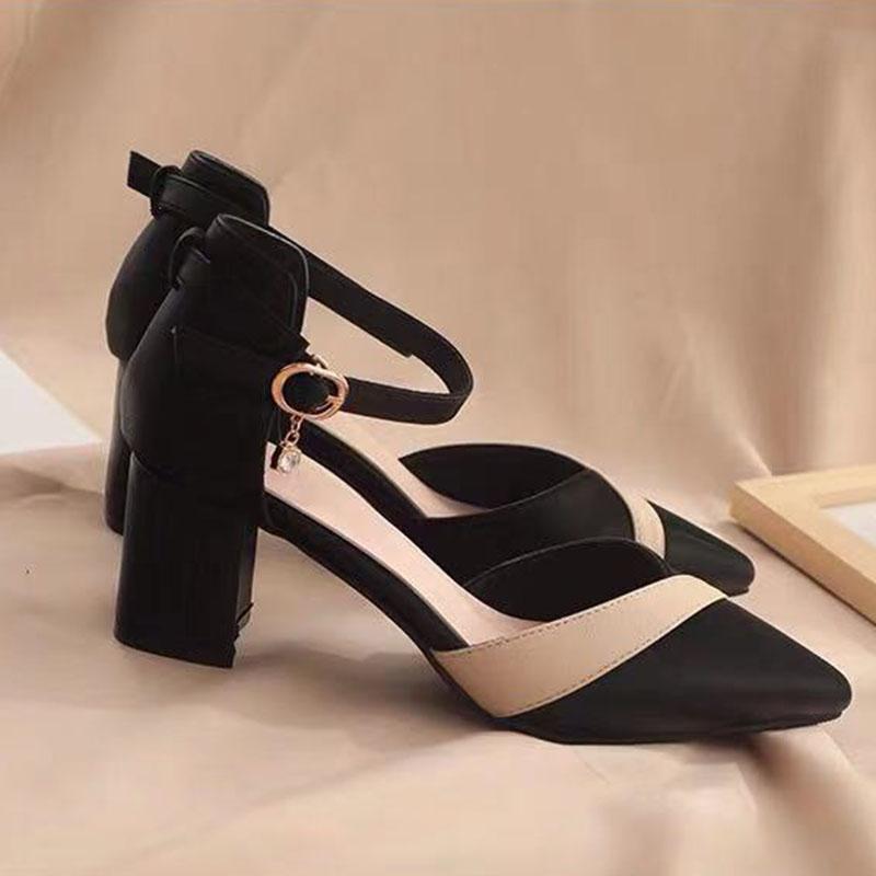 Spring and Summer Matching Color Pointy Mid-heel Fashion One-button Heels