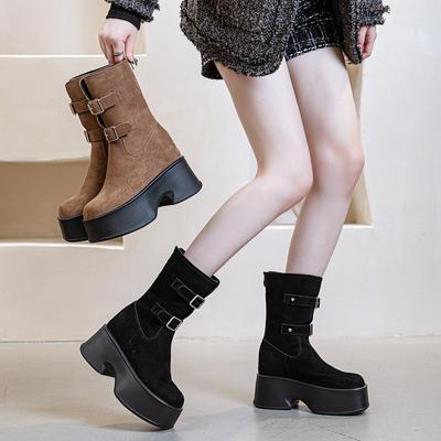 Ботинки в британском стиле, новые короткие ботинки осень-зима 2025, женские универсальные ботинки средней высоты на толстой подошве, пряжка-ремень, однотонный тренд