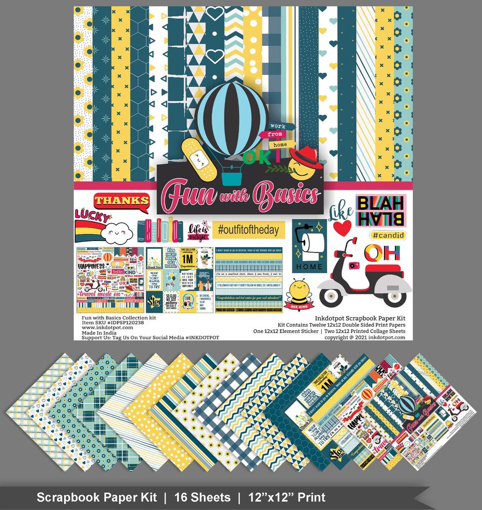 Inkdotpot Fun With Basics Collection Double,Sided Scrapbook Paper Kit Cardstock 12"x12" -16 Pages