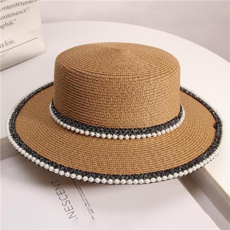 Retro Pearl Lace Flat Top Straw Hat Trendy Women's Summer Outing Beach Sun Protection and Sunshade Hat Beach Hat