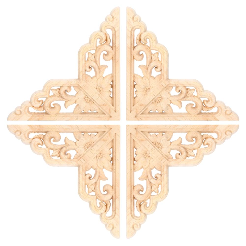 4PCS Wood Carved Onlay Applique Woodcarving Corner Decal Home Furniture Decoration