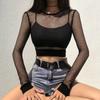 Short Top Women Black Mesh Hollow Out Long Sleeve T-shirt Slim Dance Crop Top Shirt Perspective Fish Net Tops