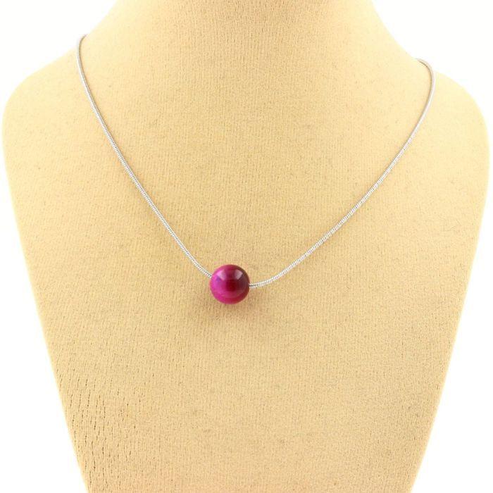 Stones and Minerals. Necklace 1 Pearl Tiger Eye Fuchsia 8 Mm. Steel Chain Necklace Women, Men. Customizable Size.
