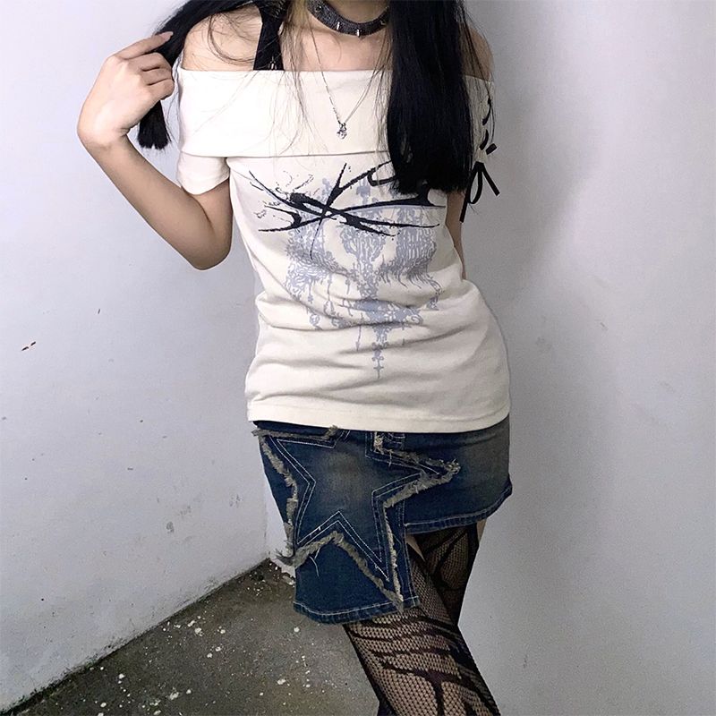 Slim Fit Print Short Sleeve Tees White Sexy Slash Neck Women's Summer Lace-up T-shirt Punk Y2k Fashion Subculture Top