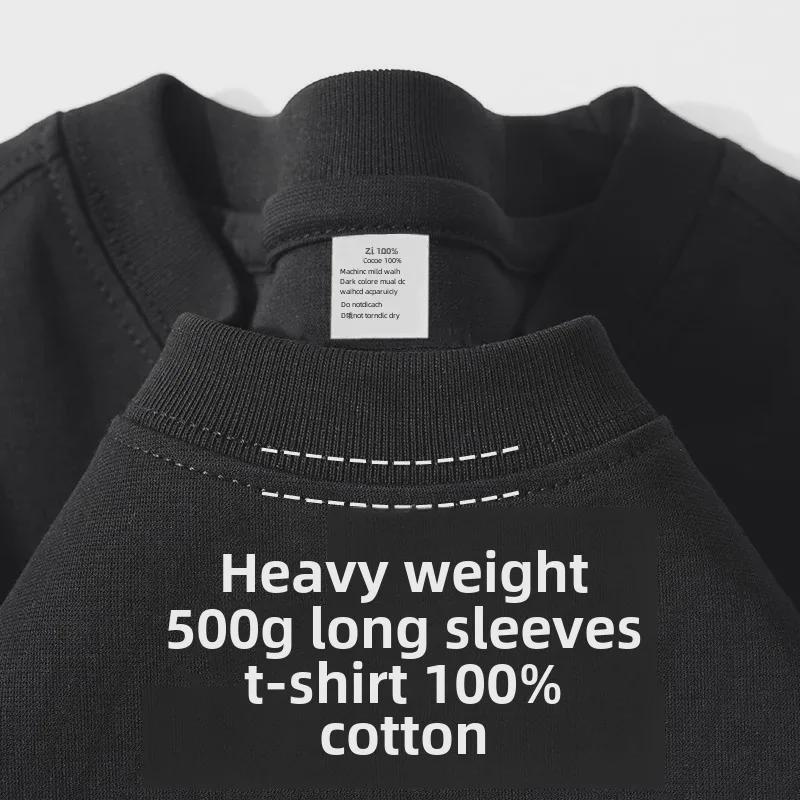 Футболка унисекс из плотного хлопка с длинным рукавом, однотонная: Непрозрачный, свободный крой, небольшой воротник, идеально подходит для весны и осени.
