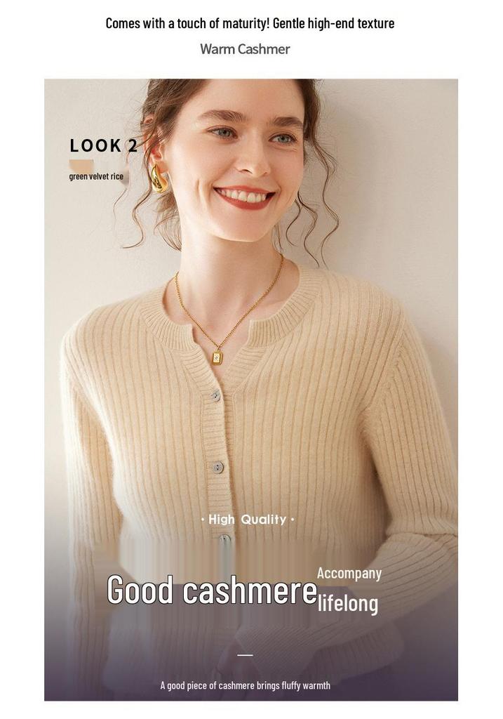 Women's Cable Knit Cashmere Cardigan: Round Neck, Long Sleeve, Buttoned, Versatile Autumn/Winter Sweater.