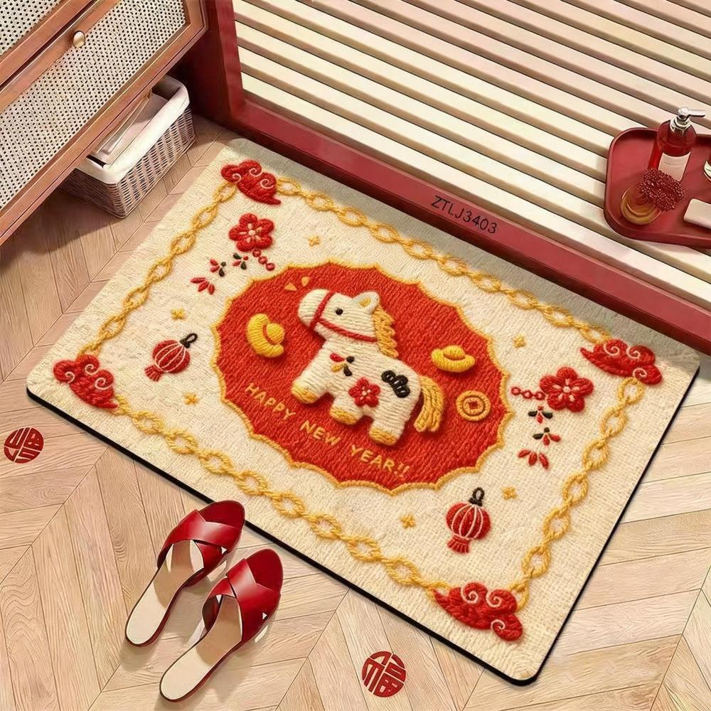 Cute Horse Pattern New Year Door Mat Red Non-slip Door Carpet Water Absorption Soft Blanket Home Decorations