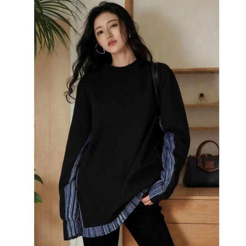 Body Shape, Contrasting Color Patchwork Mid-Length Sweatshirt for Women, New Spring Style, Relaxed and Slimming Top for Slightly Chubby Figures