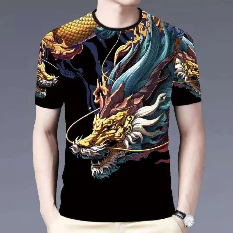 Мужская футболка для мужчин, одежда большого размера, футболка с китайским драконом и графическим 3D принтом, летние повседневные модные топы с короткими рукавами