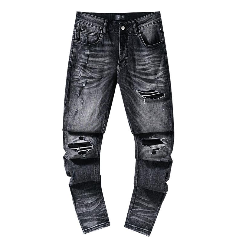 Fashion American High Street Hole & Patch Trendy Retro Straight Ami Denim Pants
