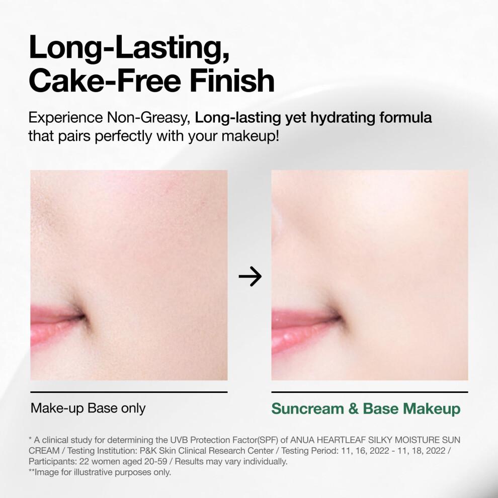 Heartleaf Silky Moisture Sun Cream SPF 50 PA++++, Korean Sunscreen for Face, Korean Skincare, Korean Makeup Base, Niacinamide, Fragrance Free,Travel