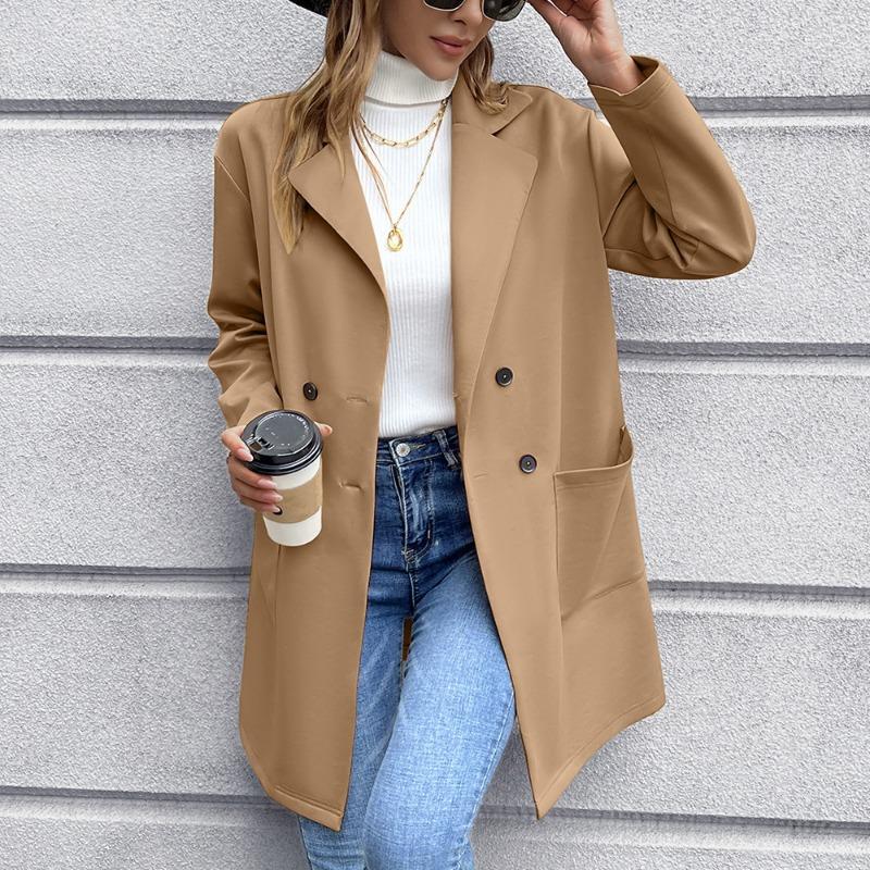 Autumn Mid Long Solid Casual Loose Women Jacket Double Breasted Formal Office Jackets for Women Fashion Winter Pockets Notched Ladies Coat 24899