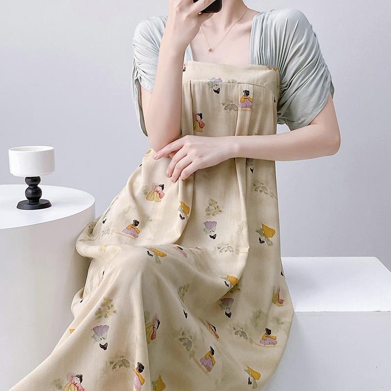 Women's nightgown thin short-sleeved printing light luxury simple breathable casual loungewear long skirt can be worn outside
