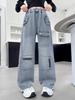 2025 Girls' Fashionable Multi-Pocket Wide-Leg Jeans - Spring & Autumn Casual Straight-Leg Pants
