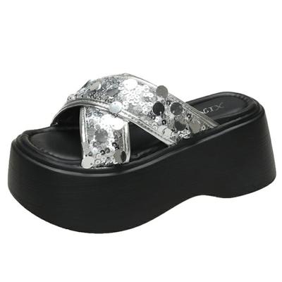 Модные 8 см пляжные туфли на платформе с танкеткой новые модные босоножки с блестками для женщин ROME Peep Toe 2024 туфли-лодочки летние тапочки модная обувь