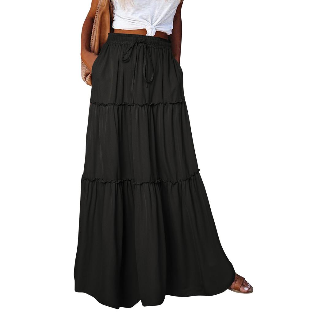 Women's Fashion Solid Color Elastic Waist Skirt Loose Casual High Waist Tie Long Skirt
