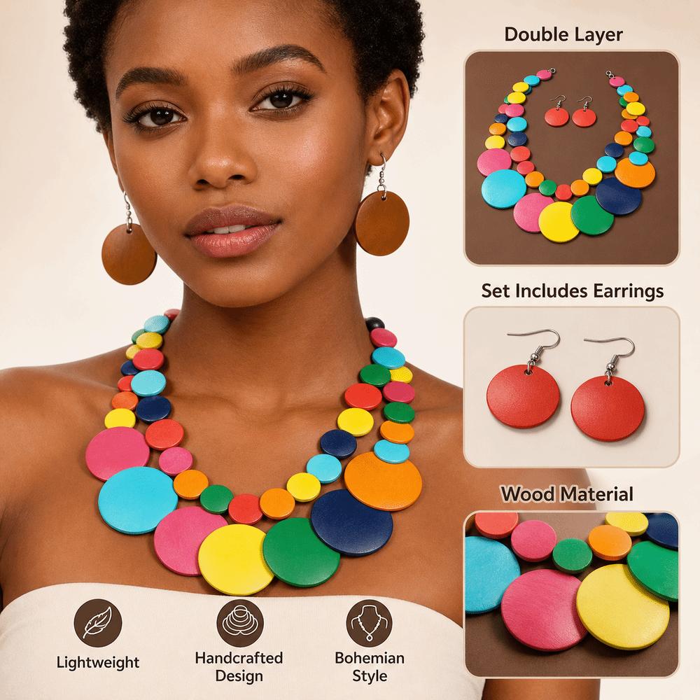Bohemian Style Wooden Beaded Necklace Double Layer Pendant Necklace Summer Accessories