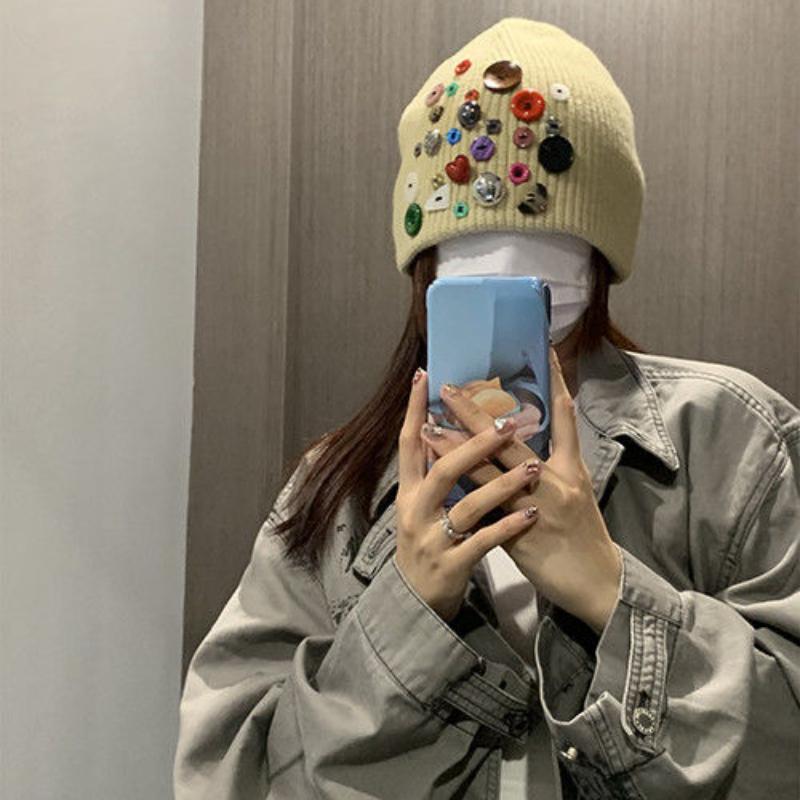Корейская дизайнерская красочная шапка на пуговицах, шерстяная шапка, женская осенне-зимняя модная уличная вязаная шапка, индивидуальная холодная шапка