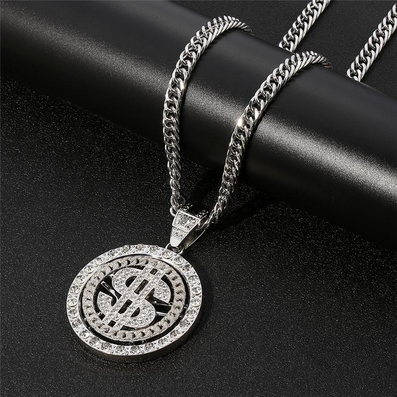 Men Hip Hop Rotating Dollar Pendant Long Necklace Rhinestone Jewelry Accessories