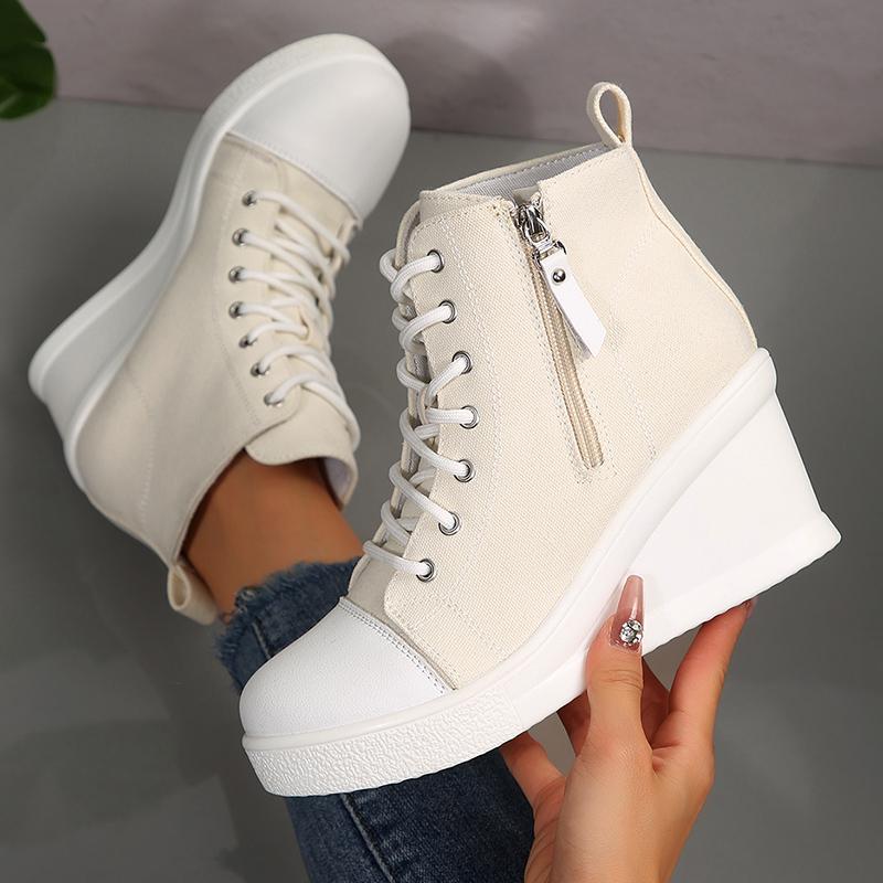Fashion Black High Top Canvas Sneakers Shoes for Women Classic Platform Wedge Heel Casual Shoes Woman Fashion Zipper Lace Up Ankle Boots