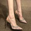 Fashion Summer New Pointed Toe Rhinestone Sexy High Heels Women Baotou Shallow Mouth Back Empty Shiny Non-slip Single Shoes