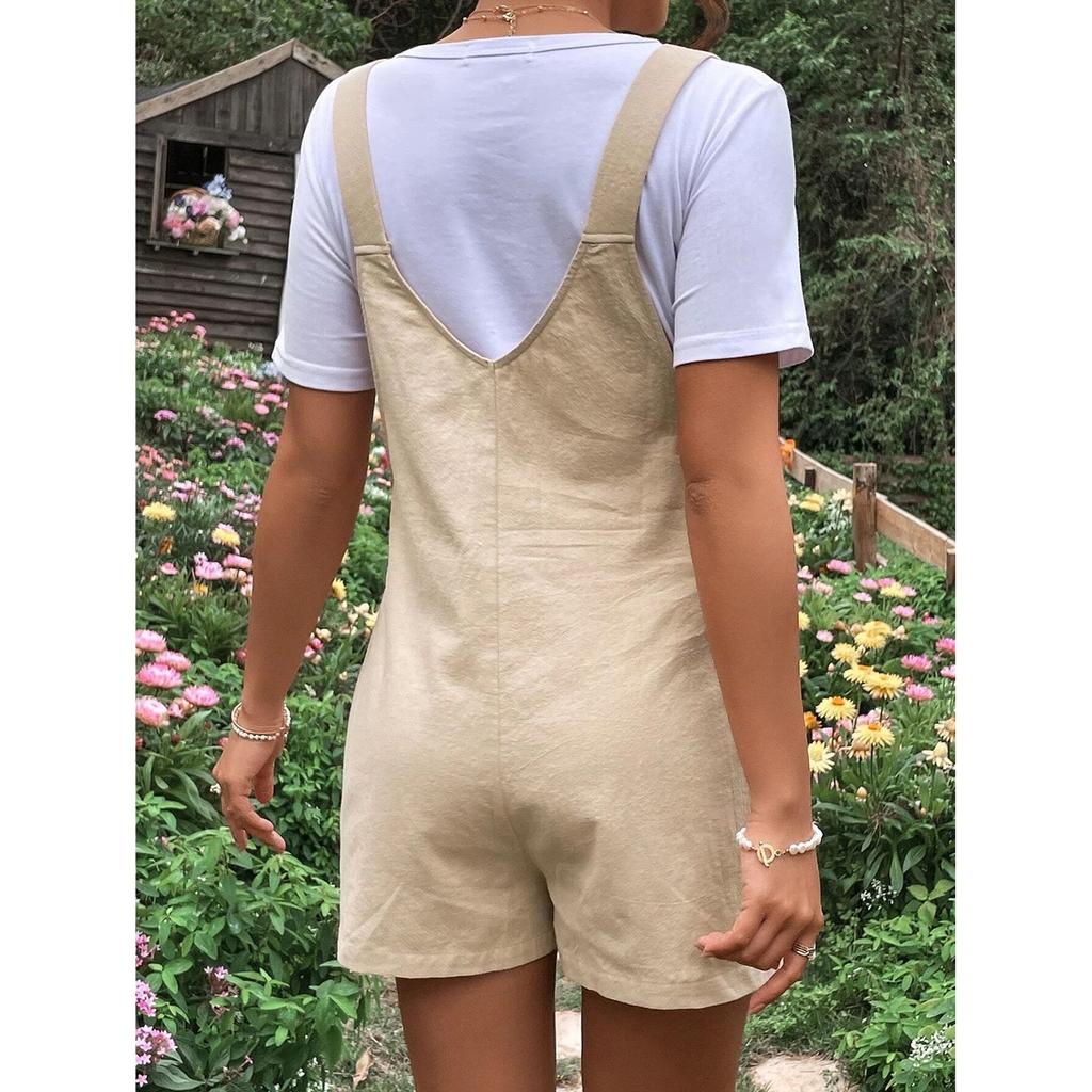 Женский комбинезон, повседневный, однотонный, с короткими рукавами, на бретелях