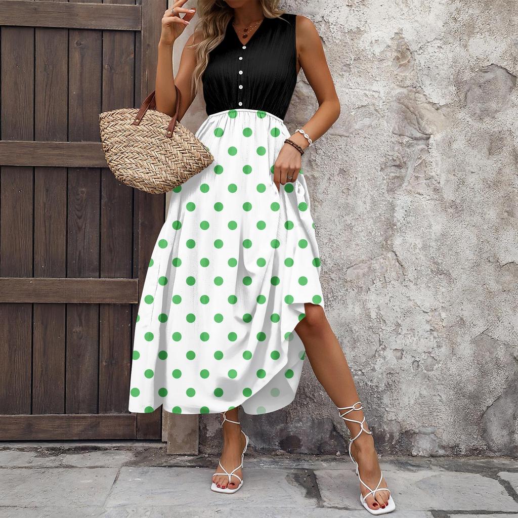 Women's Casual And Fashionable V-neck  Sleeveless Printing Mid Length Dress