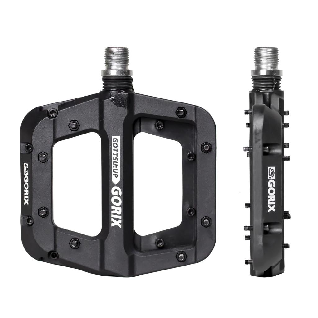GORIX Bicycle Pedals (GX-H55) Wide, Non-Slip Flat Pedals for Road Bikes, Cross Bikes, and MTBs, Black (Tsuyomushi Pedals)