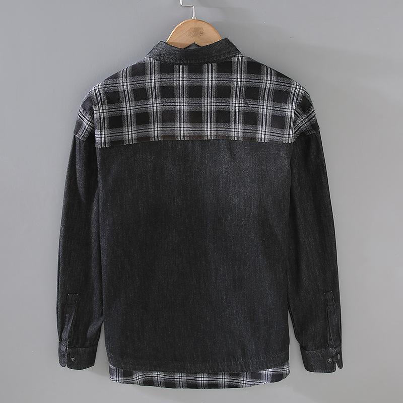 Весна/осень Чистый хлопок Повседневные джинсовые рубашки для мужчин Уличная одежда Две поддельные части Клетчатые пэчворк Свободные рубашки Стираная черная джинсовая рубашка
