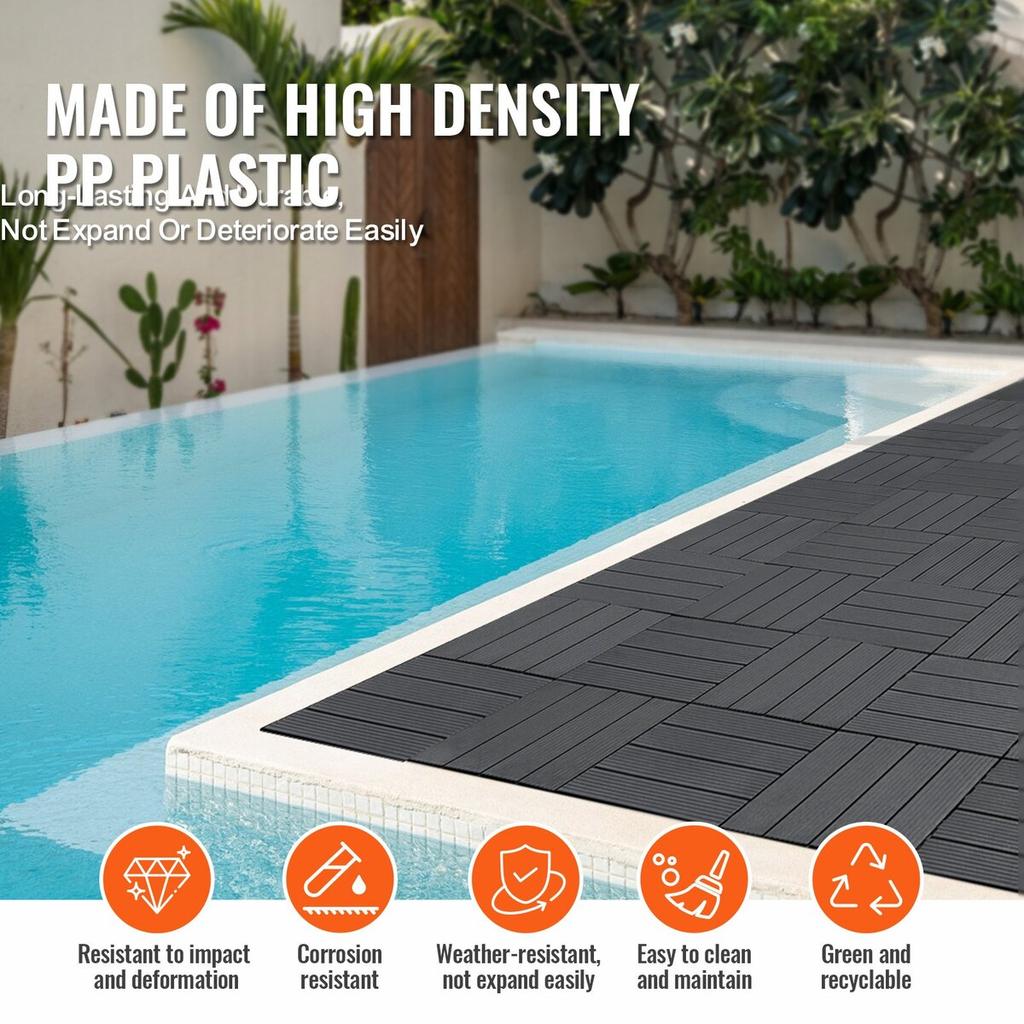 Interlocking Deck Tiles 36 Pack 12"x12" Plastic for Porch Dark Grey