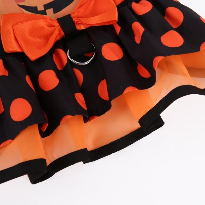 BXX Halloween Pumpkin Face Applique Dog Dress Polka‑Dot Ruffle Skirt Bow D‑Ring Design Party Outfit For Small Puppies