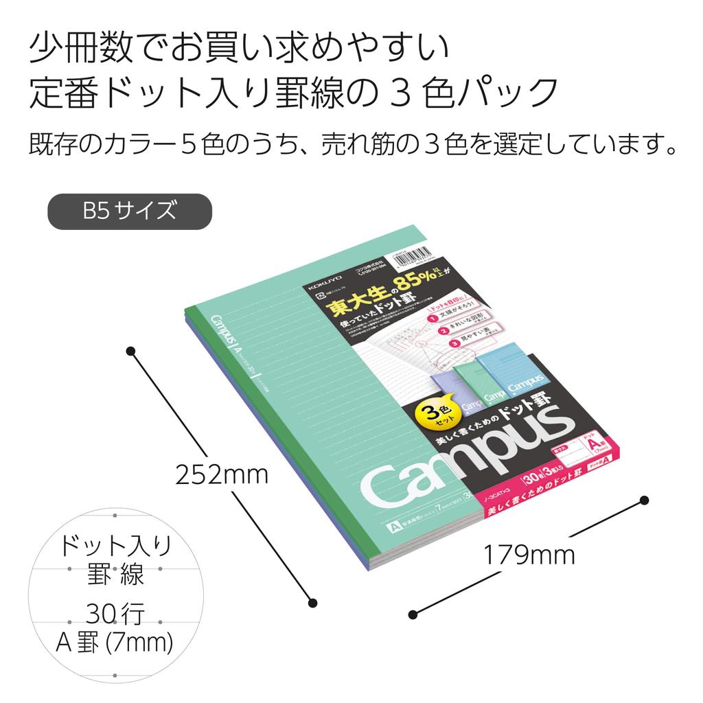 KOKUYO Campus Notebook Dotted 30 Sheets Pack Semi-B5 A-lined 3-book No-3CATX3