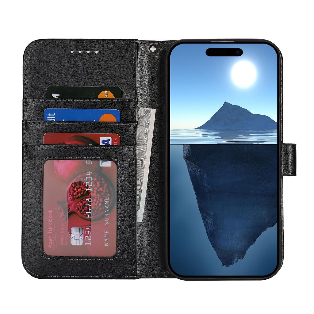 For iPhone 16 Case R61 Texture Wallet Leather Flip Phone Cover - Black