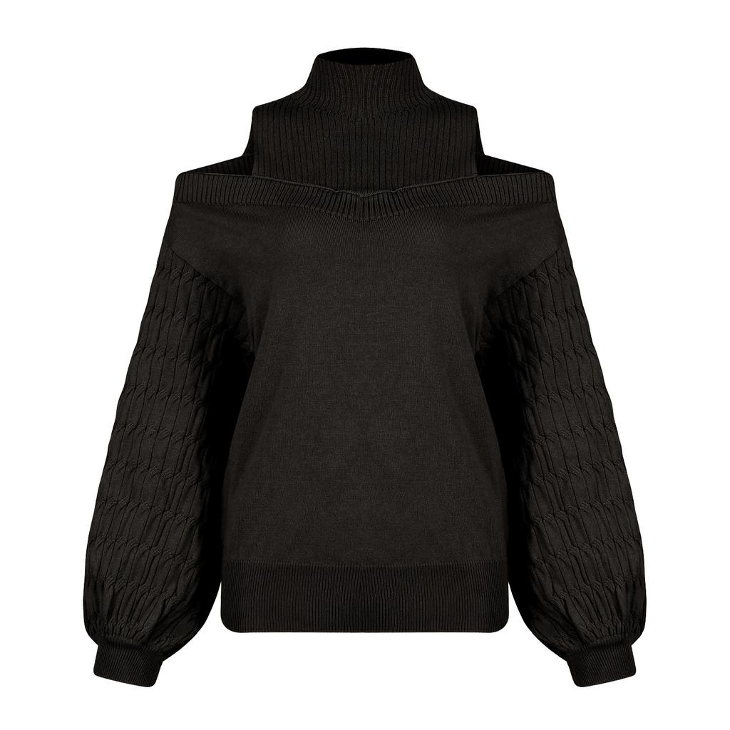 Женский и зимний модный свитер с открытыми плечами, водолазкой, теплый, однотонный, с длинным рукавом