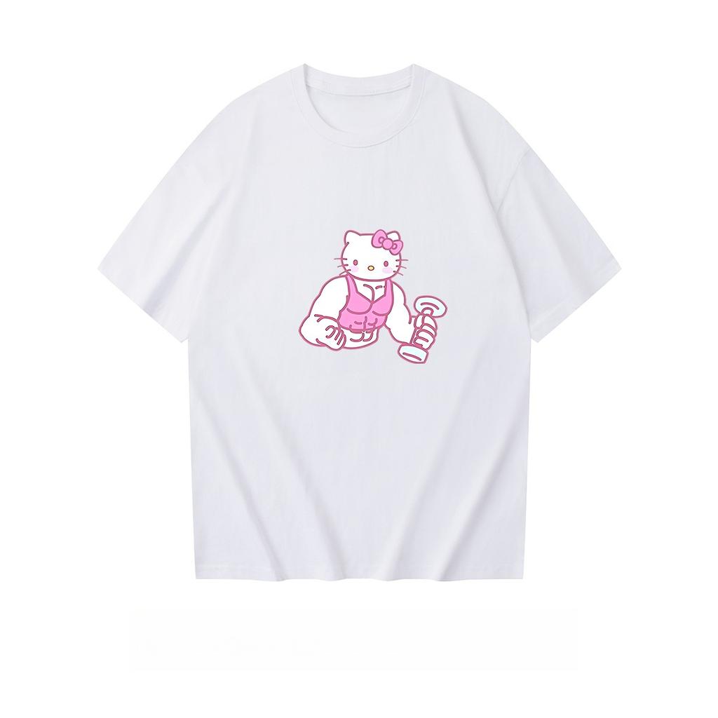 Hello Kitty Fitness Theme Printed Childrens Tshirt Loose Casual Round Neck Parent Child Short Sleeve 2026 Summer New Style